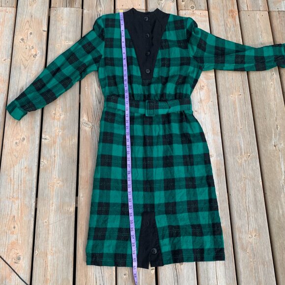 Vintage 80s Tartan Plaid Wool Long Sleeve Belted Sheath Shirt Dress - Picture 16 of 16